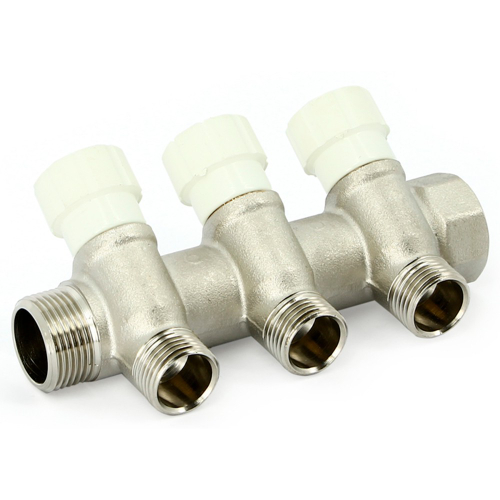 Коллектор Uni-Fitt НВ 3/4"х3 вых 1/2" 40 мм с вентилями, никелированный