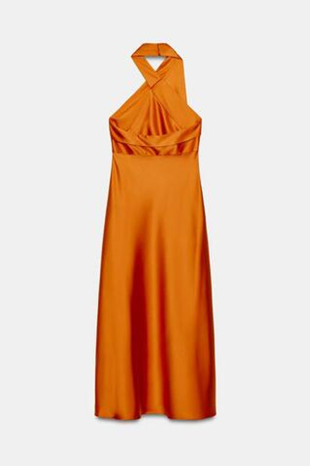 ZARA АТЛАСНОЕ ПЛАТЬЕ МИДИ С ГОРЛОВИНОЙ ХАЛТЕР, ОРАНЖЕВЫЙ