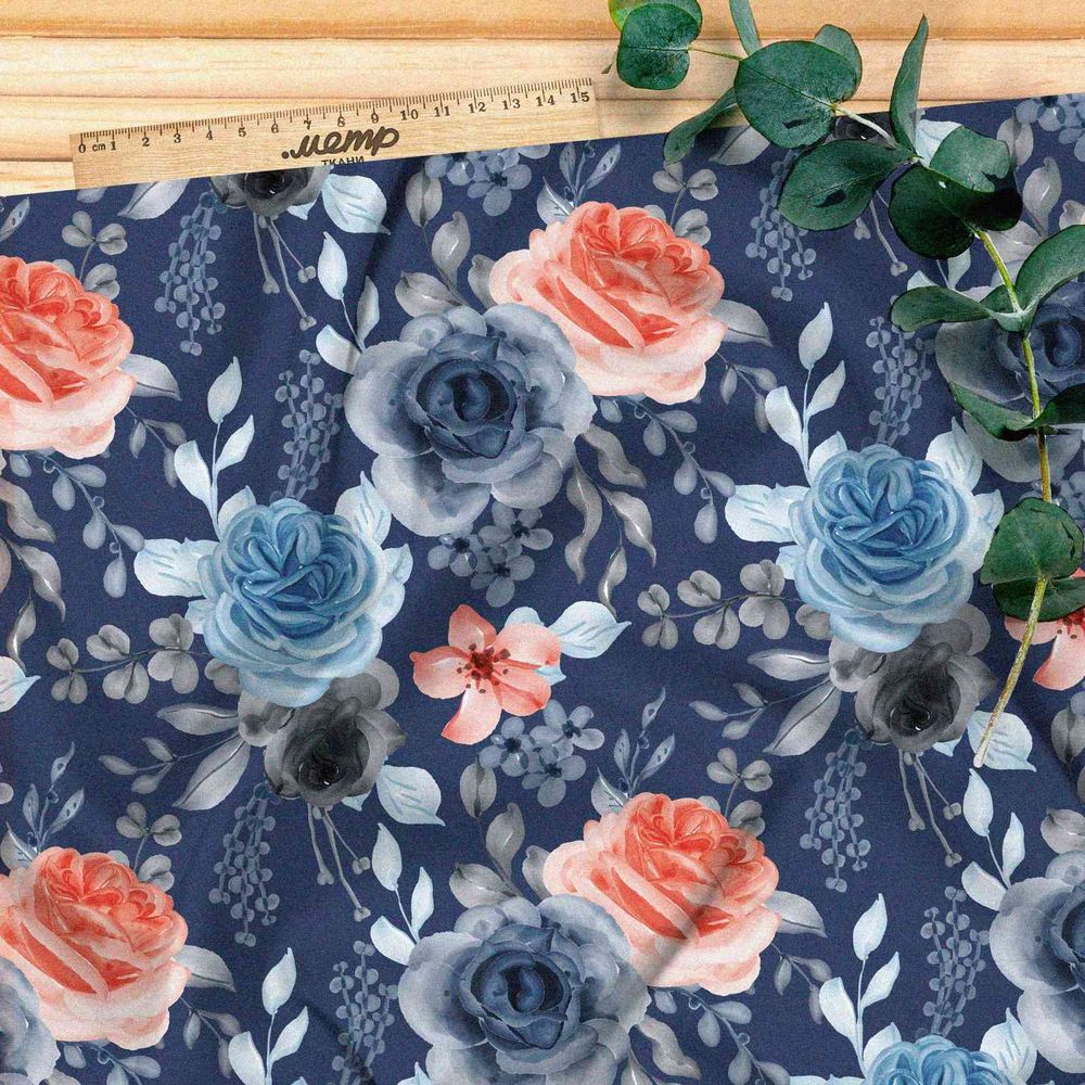 Ткань оксфорд 600 голубые розы на синем