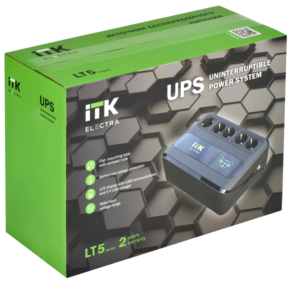 ITK ELECTRA LT5 ИБП однофазный линейно-интерактивный 600ВА/360Вт 5хSchuko LCD дисплей АКБ 1х7AH USB+USB Charge RJ45/11