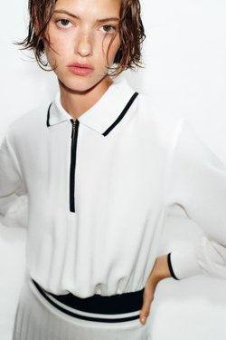 ZARA ПЛАТЬЕ МИДИ С ПЛИССИРОВКОЙ И КОНТРАСТНЫМИ ДЕТАЛЯМИ, БЕЛЫЙ