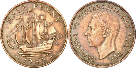 Великобритания 1/2 пенни, 1949-1952 Король Георг VI XF