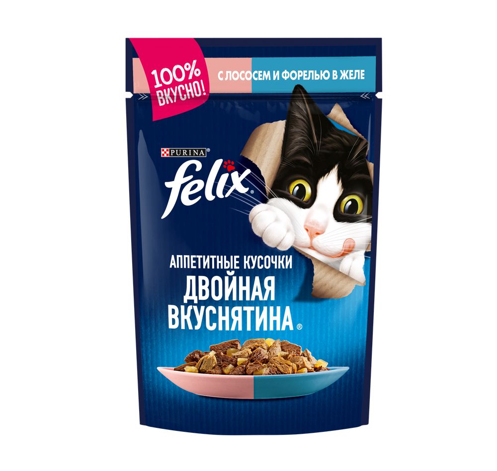 Влажный корм для кошек Felix Аппетитные кусочки в желе с лососем и форелью 85 г