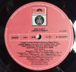 Винтажная виниловая пластинка LP Deep Purple Nobodys Perfect (Югославия 1988)
