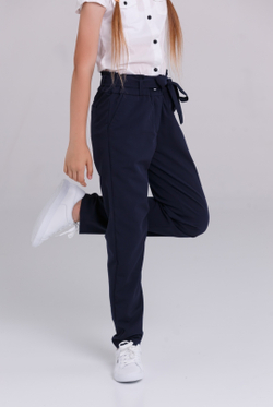 Брюки детские для девочки синие темно-синие школьные классика классические демисезонные прямые на резинке с поясом бананы