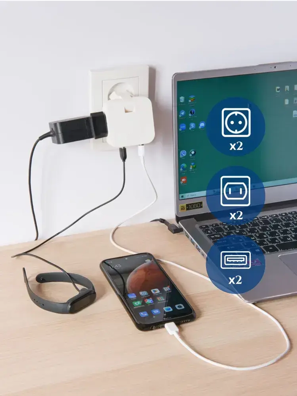 Тройник для розетки с USB 2.0 плоский поворотный, USB разветвитель 180 градусов, MartyHome