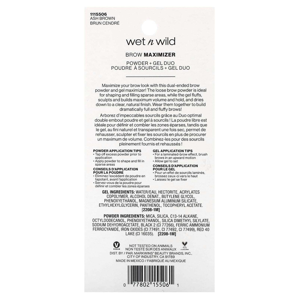 wet n wild, Brow Maximizer, средство для бровей, пудра и гель для дуэта, 1115506 пепельно-коричневый, 1 шт.
