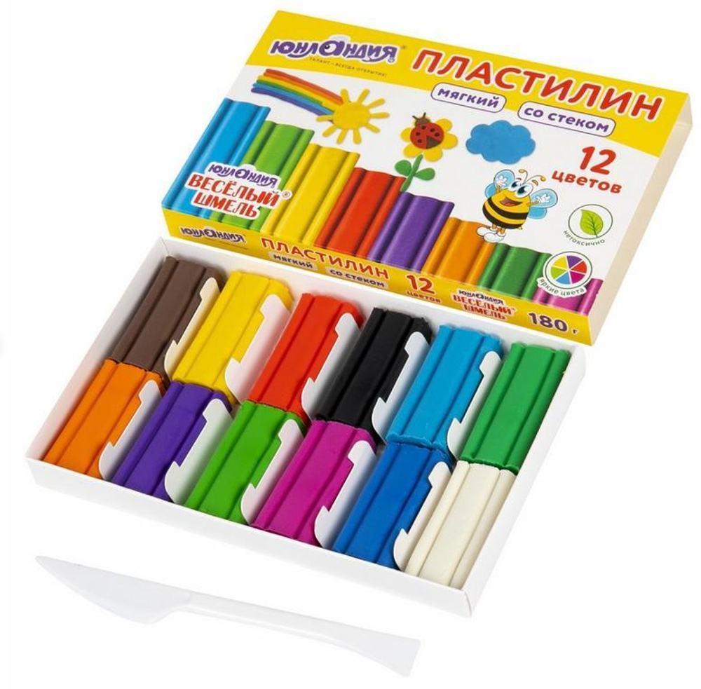 Пластилин мягкий 12 цветов 180г со стеком "ВЕСЕЛЫЙ ШМЕЛЬ" (ЮНЛАНДИЯ)