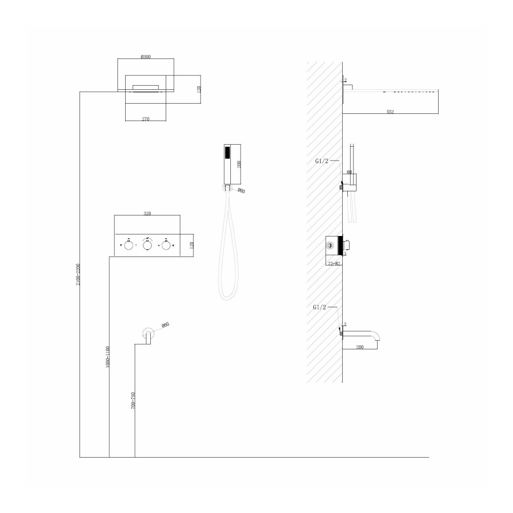 Душевая система ABBER Wasser Kreis AF8150NG скрытого монтажа с изливом, термостат, никель