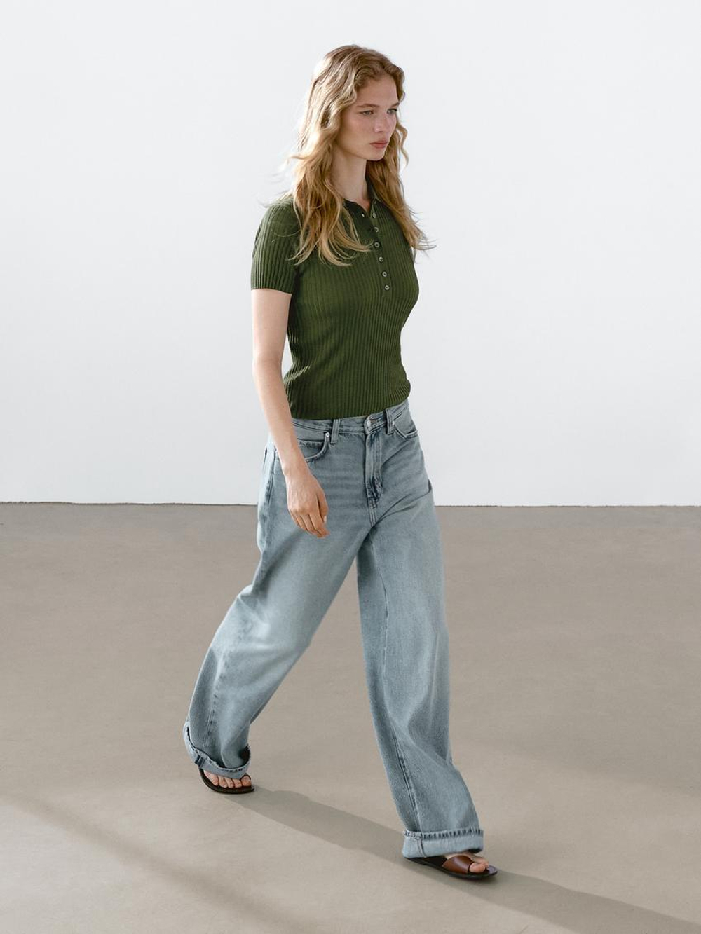 Massimo Dutti Трикотажный свитер-поло из смесового хлопка, оливковый