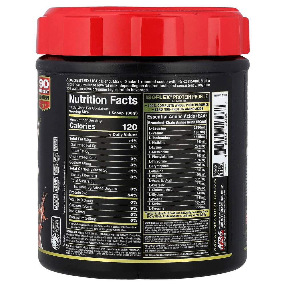 ALLMAX, Isoflex, на 100% чистый изолят сывороточного протеина, со вкусом шоколада, 425 г (0,9 фунта)