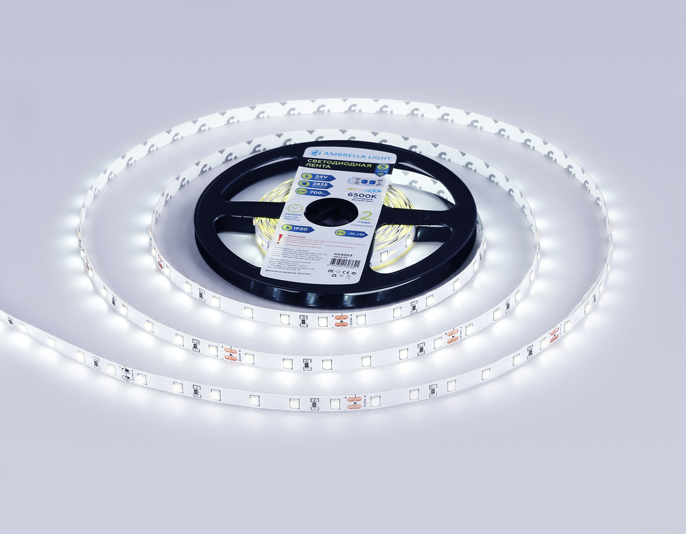 Светодиодная лента GS3003 2835 60Led/ 6W m/ 24V IP20 6500K/ 5000*8*1.2mm/ кратность резки 100mm (2 конт.)
