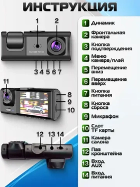 Видеорегистратор автомобильный с 3 камерами