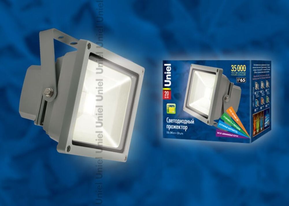 ULF-S01-20W/WW IP65 110-240В Прожектор светодиодный. Корпус серый. Цвет свечения теплый белый. Степень защиты IP65. Картонная упаковка