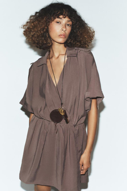 ZARA КОРОТКОЕ ПЛАТЬЕ НА ЗАПАХ, КОРИЧНЕВЫЙ