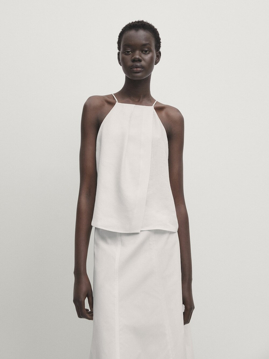 Massimo Dutti Короткий топ из льняной смеси, кремовый