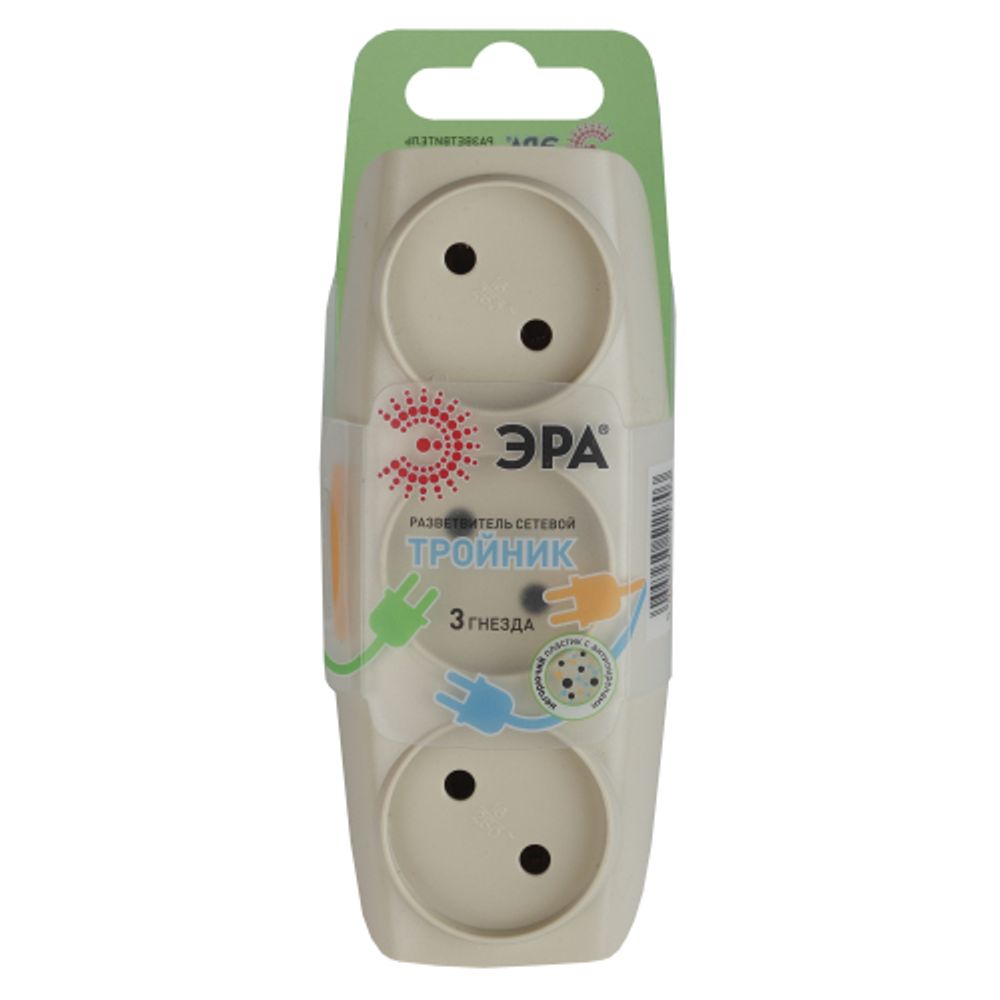 Разветвитель электрический ЭРА SP-3-I на 3 розетки без заземления 16А слоновая кость