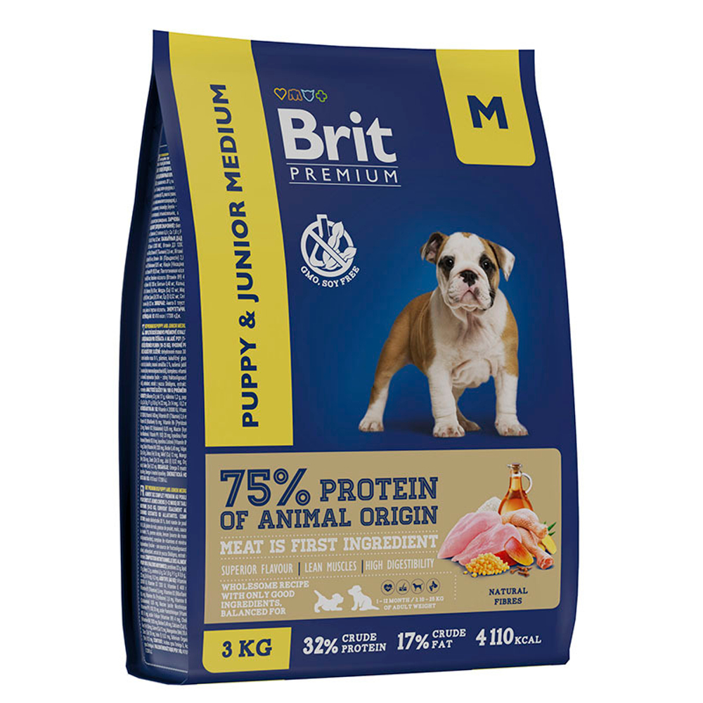 Корм BRIT Premium Dog Puppy and Junior Medium с курицей 3кг,для щенков ср.пород 02.2025
