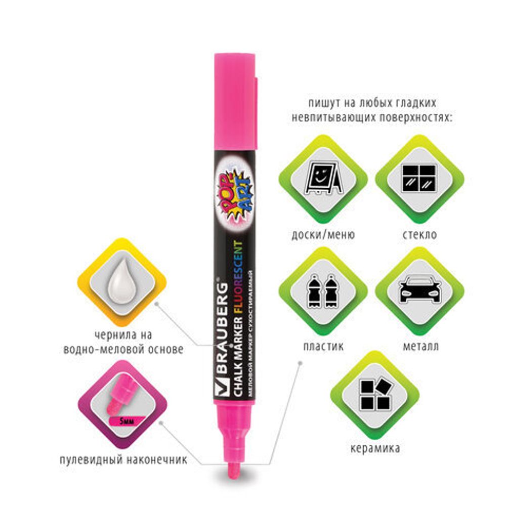 Маркер меловой "POP-ART" РОЗОВЫЙ, 5 мм, сухостираемый, для гладких поверхностей, BRAUBERG, 151530