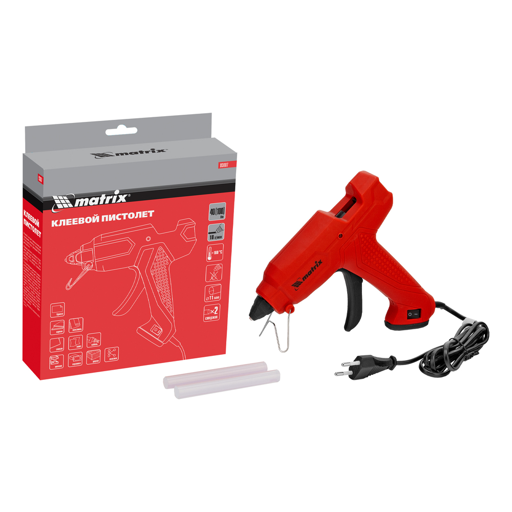 Клеевой пистолет, 11 мм, 40 (100) Вт, 18 г/мин, выключатель и индикатор напряжения// Matrix