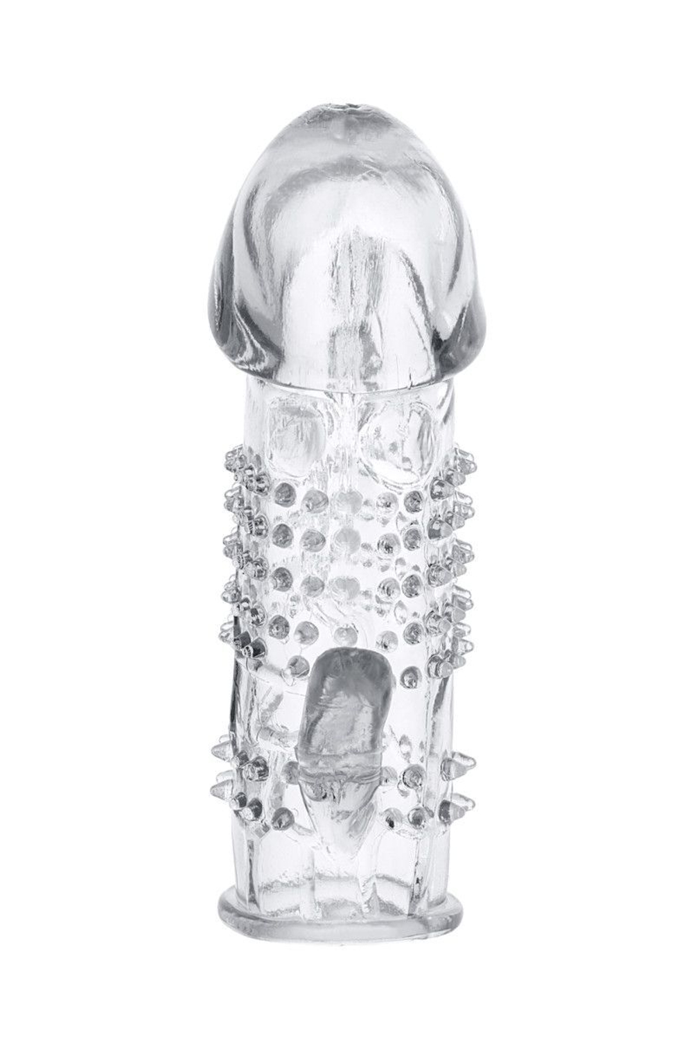 Прозрачная гелевая насадка с шипами и клиторальным отростком - 13 см.