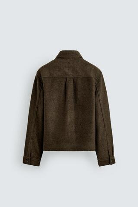 ZARA КУРТКА-РУБАШКА ИЗ РЕЛЬЕФНОЙ ТКАНИ С ШЕРСТЬЮ, ТЕМНО-ОЛИВКОВЫЙ