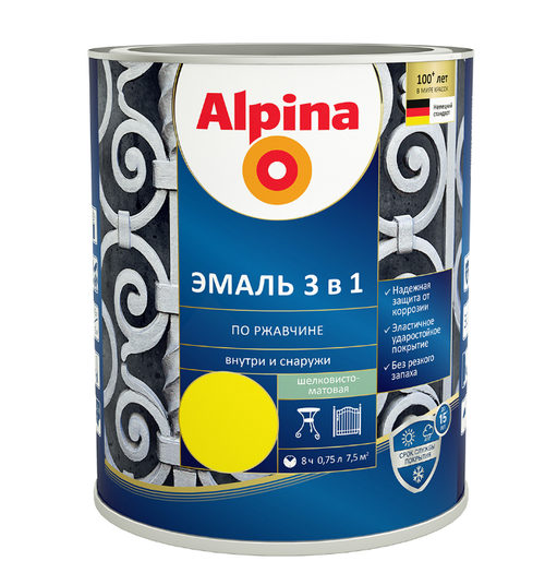 ЭМАЛЬ ПО РЖАВЧИНЕ ALPINA 3 В 1 ШЕЛК-МАТ ЦВЕТНАЯ RAL1021, 0,75Л / 0,80КГ