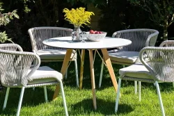 "Милан" стул плетеный из роупа, каркас алюминий белый шагрень, роуп бежевый круглый, ткань бежевая