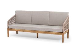 "Канны" диван 3-местный плетеный из роупа, основание дуб, роуп бежевый круглый, ткань бежевая 15052