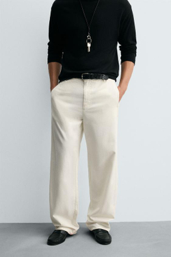ZARA БРЮКИ ЧИНОС ИЗ ХЛОПКА И КОНОПЛИ, БЕЛЫЙ