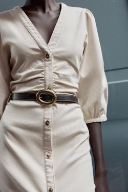 ZARA ПЛАТЬЕ МИДИ С РУКАВАМИ-БУФАМИ И ПОЯСОМ, ЭКРЮ