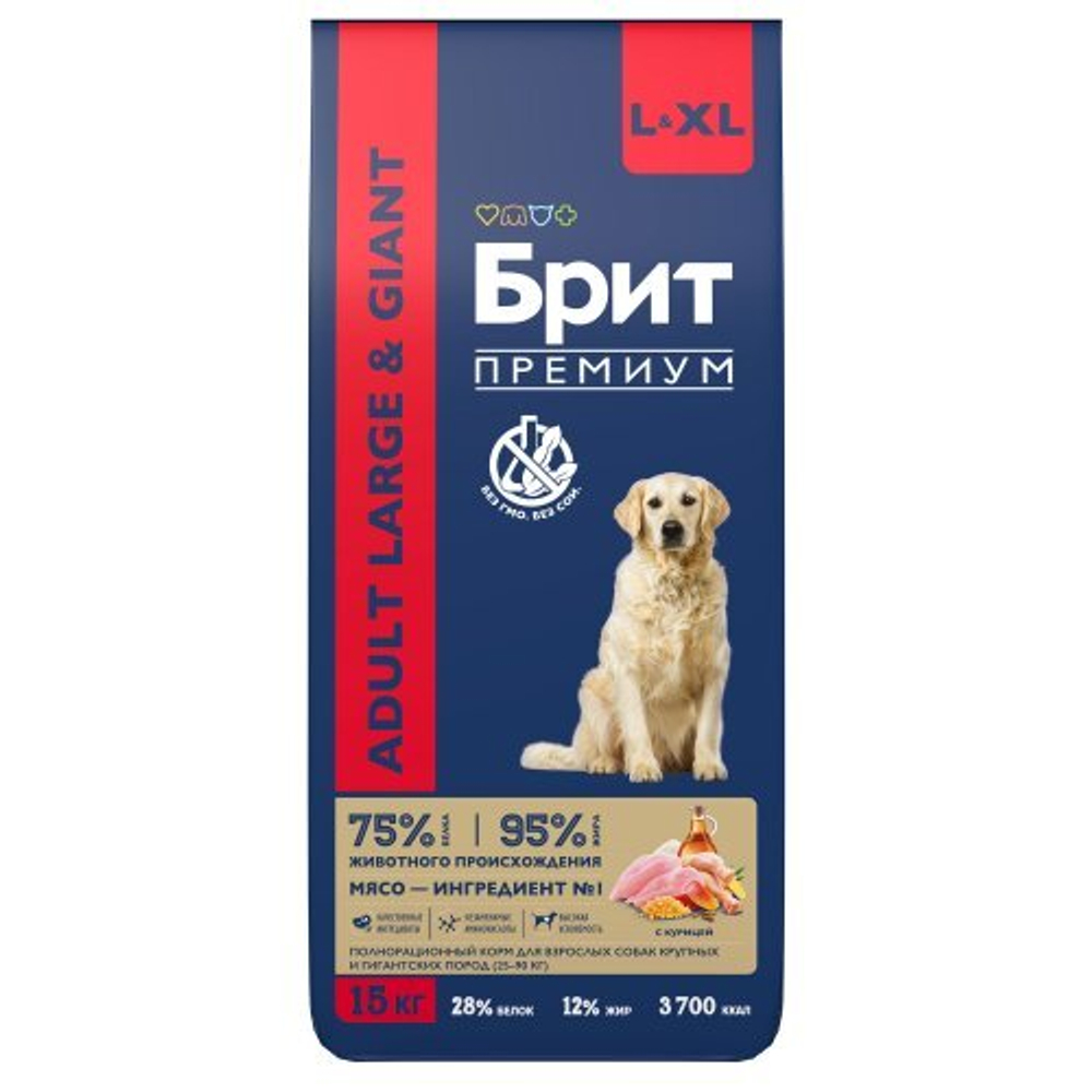 Корм для собак сухой BRIT PREMIUM с курицей для взрослых собак "Dog Adult Large and Giant", 15кг