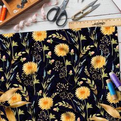 Ткань барби солнечные одуванчики на чёрном фоне
