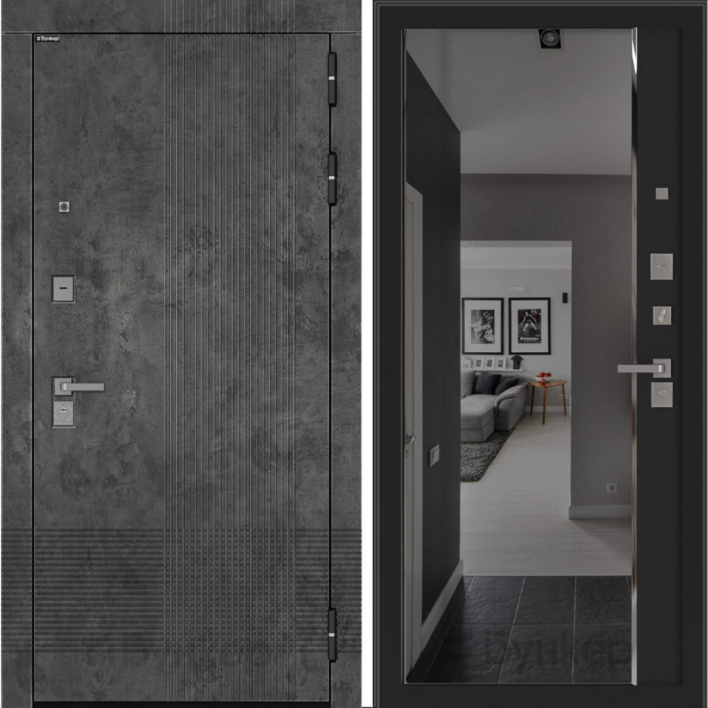 Входная металлическая дверь с зеркалом Бункер BN-08 Марморино темный/ зеркало тонированное Панорама фацет ФЛЗ-618 Черный крарц