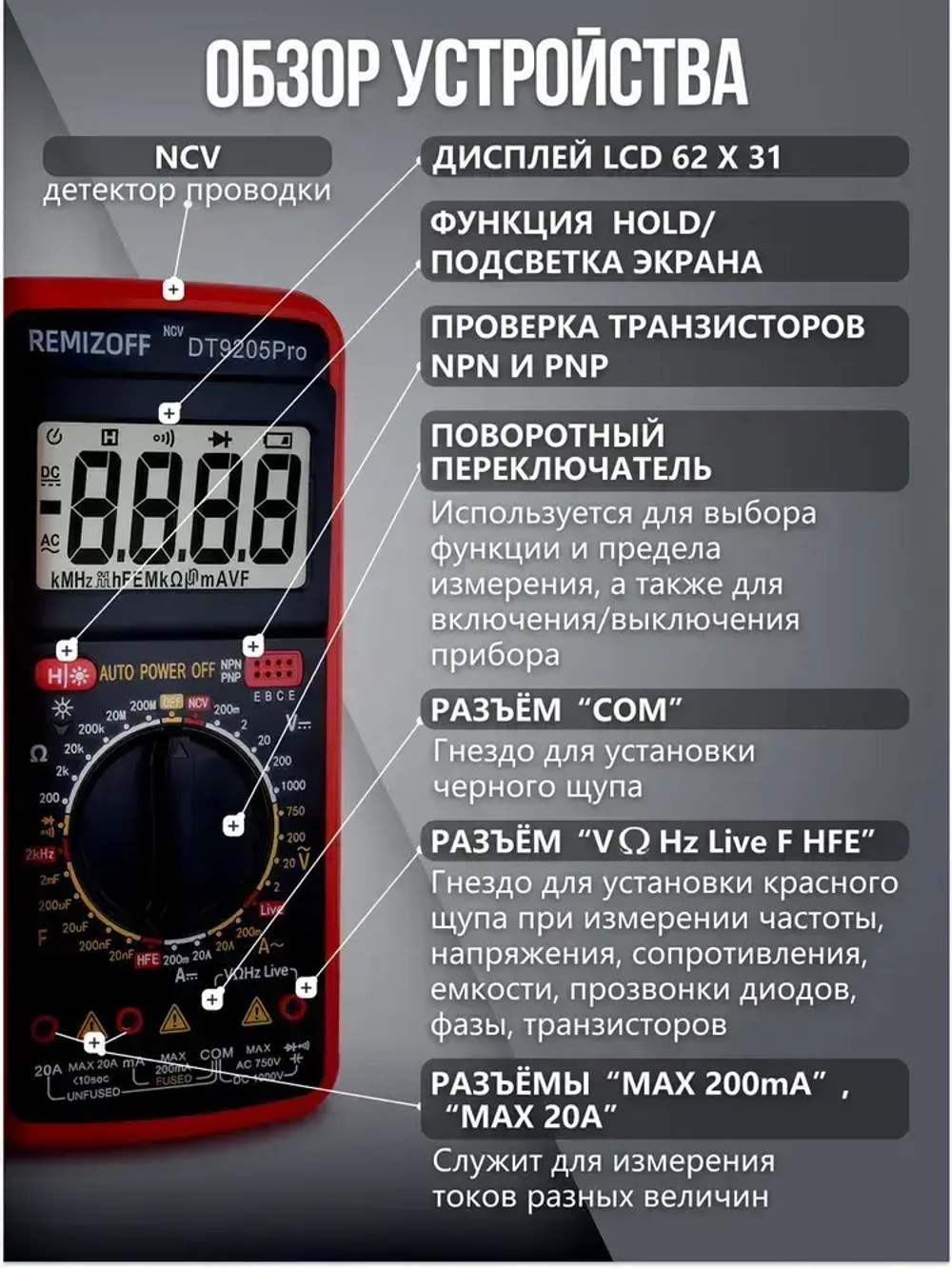 Мультиметр цифровой с прозвонкой DT-9205 PRO, с функцией NSV