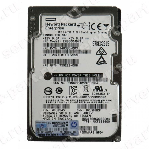 Серверный HDD HP 600GB 2.5 SFF SAS 12Gb/s 15k EH0600JDYTL 748385-003 759221-006 0B31345