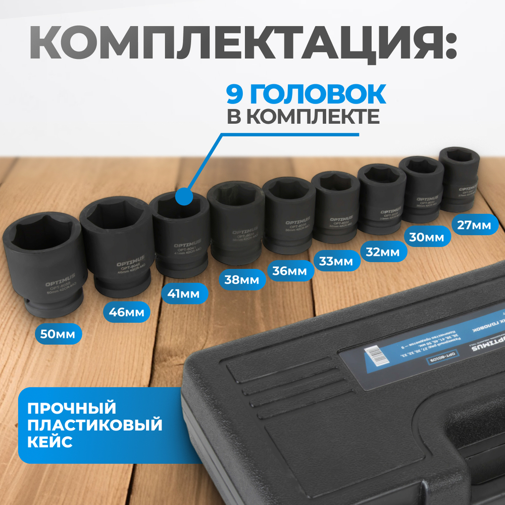 OPT-60209 Набор ударных головок глубоких 3/4", 22-38 мм, 9 предметов
