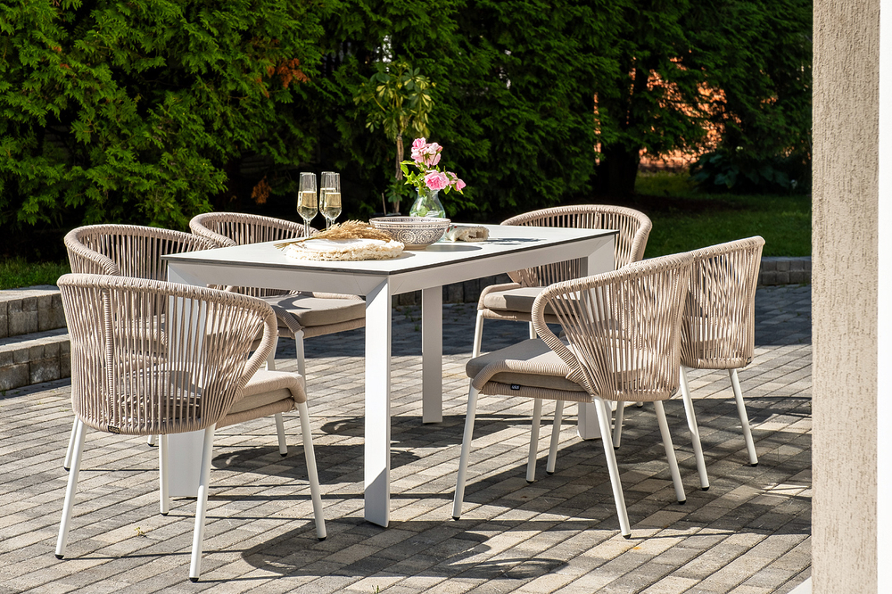 4SIS "Венето" обеденная группа на 6 персон со стульями "Милан", каркас белый, роуп бежевый