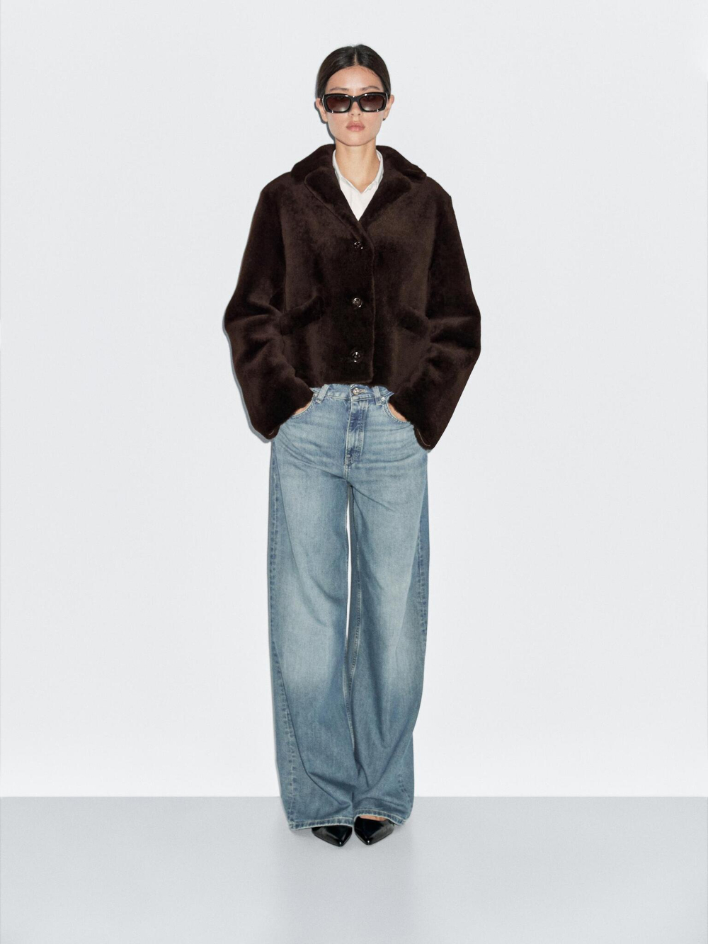 Massimo Dutti Короткая шуба из 100% овечьей кожи, коричневый