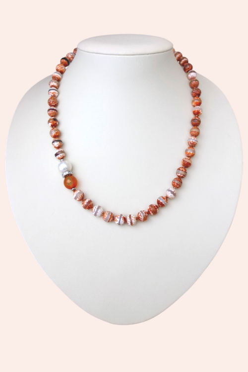 Бусы Полоса Удачи, агат, сердолик, жемчуг пресноводный