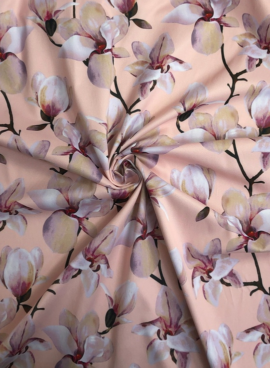 Атлас принт магнолия на персиковом, плотный, глянцевый NEW PARIS D4C3