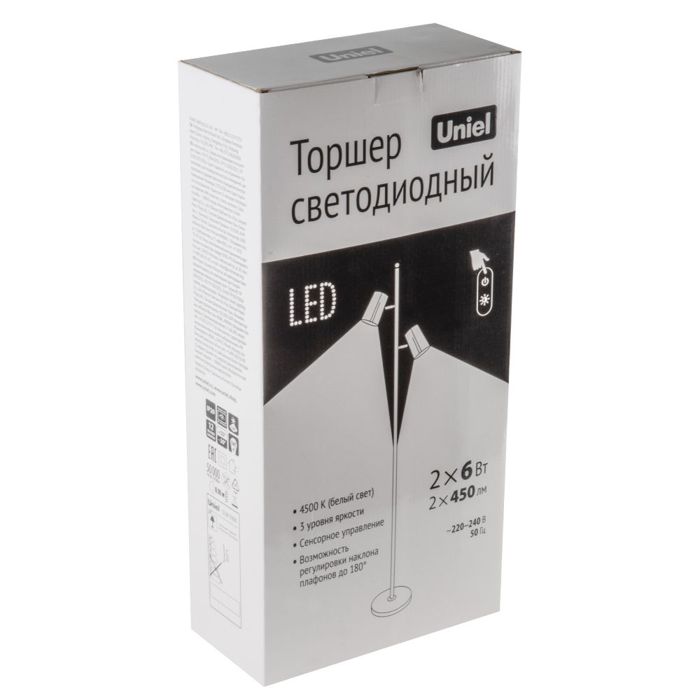 ULM-T600 2х6W-4500K-DIM WHITE Торшер напольный светодиодный. 2х6W. Сенсорный выключатель. Диммер. Белый. ТМ Uniel