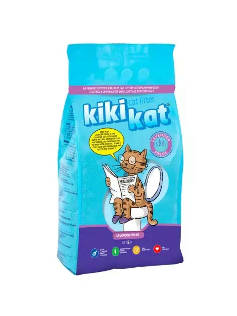 Бентонитовый наполнитель "KikiKat" супер-белый комкующийся "Лаванда" 5л