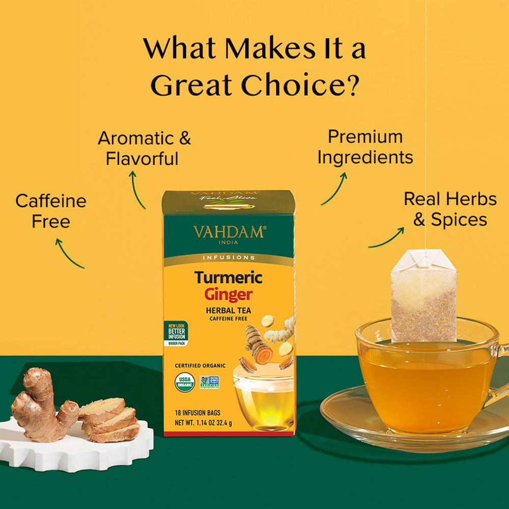 VAHDAM India, Infusions, травяной чай, куркума и имбирь, без кофеина, 18 пакетиков для заваривания, 32,4 г (1,14 унции)