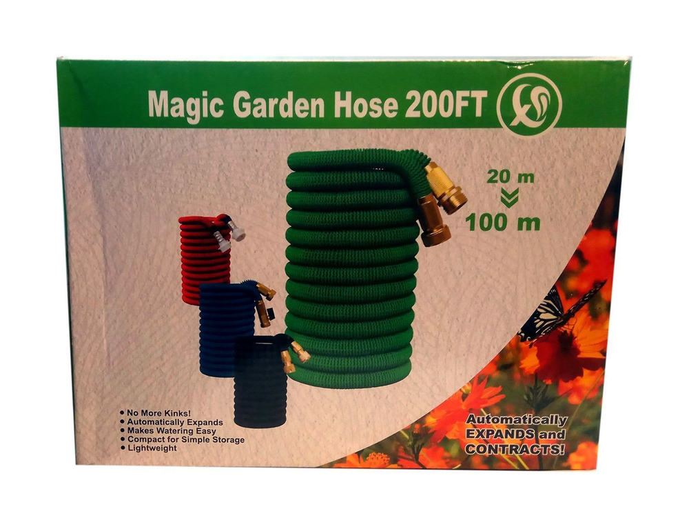 Садовый шланг для полива, растягивающийся, латунные разъемы, с пистолетом, красный