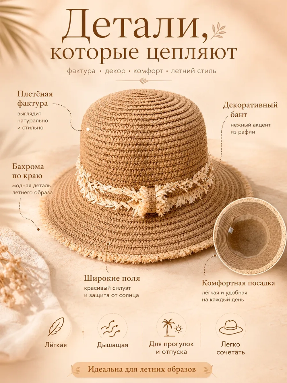 Соломенная панама летняя плетеная пляжная