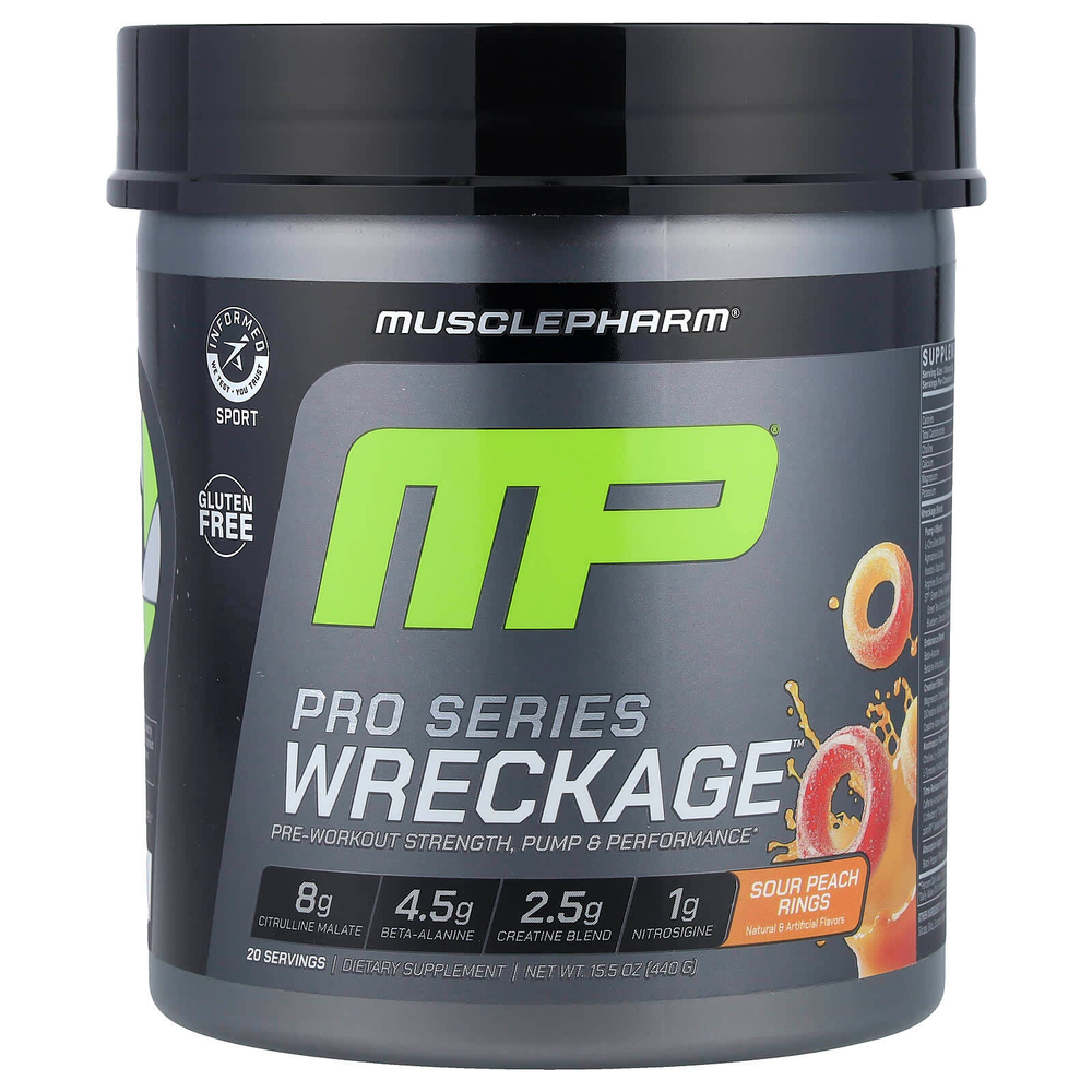 MusclePharm, Pro Series Wreckage™, предтренировочный комплекс, кусочки кислого персика, 440 г (15,5 унции)