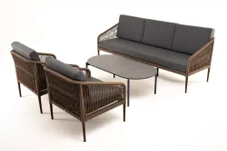 "Канны" лаунж-зона 5-местная из роупа со столом "Верона" (серый гранит), каркас алюминиевый коричневый, роуп коричневый