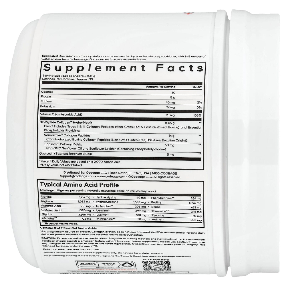 Codeage, липосомальные пептиды коллагена+ в порошке, без добавок, 424,5 г (14,97 унции)
