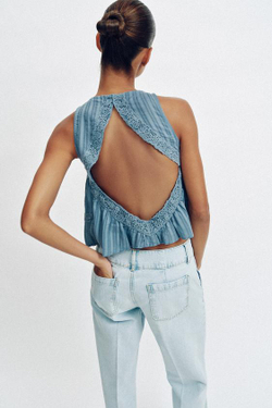 ZARA КОМБИНИРОВАННЫЙ ТОП С ОТКРЫТОЙ СПИНОЙ, СИНИЙ/БЕЛЫЙ